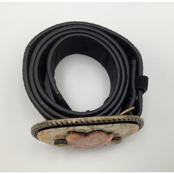 Debbie Brooks NY Black Suede Leather Belt Size M Ornate Glitter Rose Buckle Art main image 5